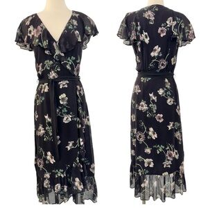 Silk Paige Palisades Midi Dress Black Floral Print Ruffle Hem | M